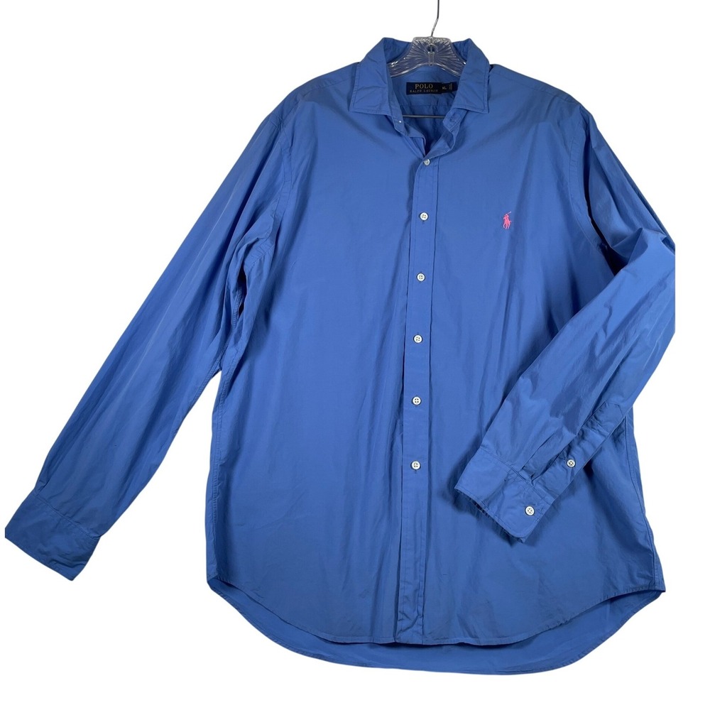 Polo Ralph Lauren Mens XL Blue Cotton Poplin Button Down Shirt Pink Pony Logo